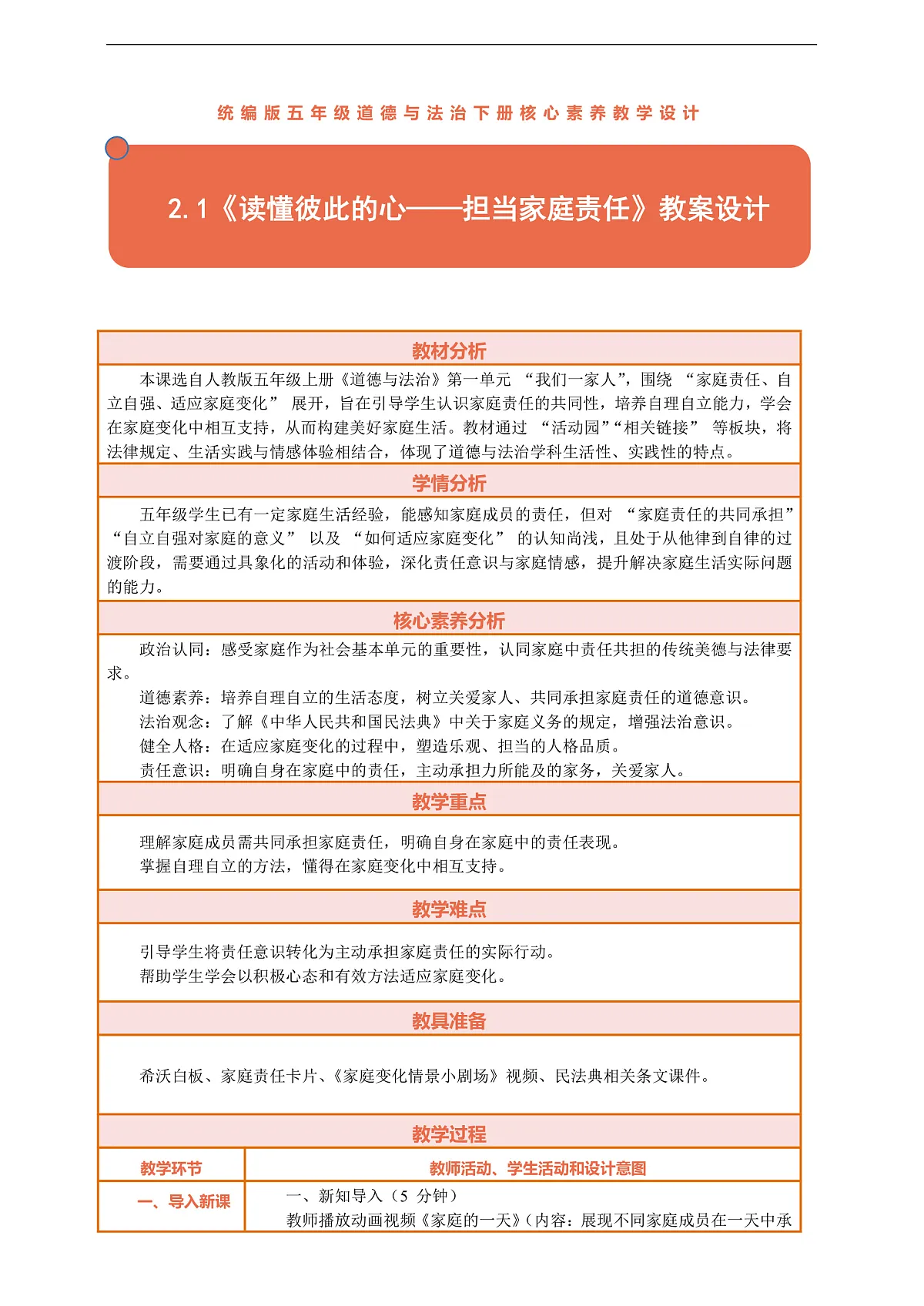 2.1《读懂彼此的心——担当家庭责任》教案设计第1页