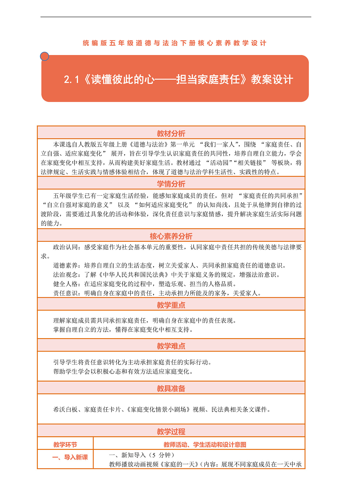 2.1《读懂彼此的心——担当家庭责任》教案设计第1页