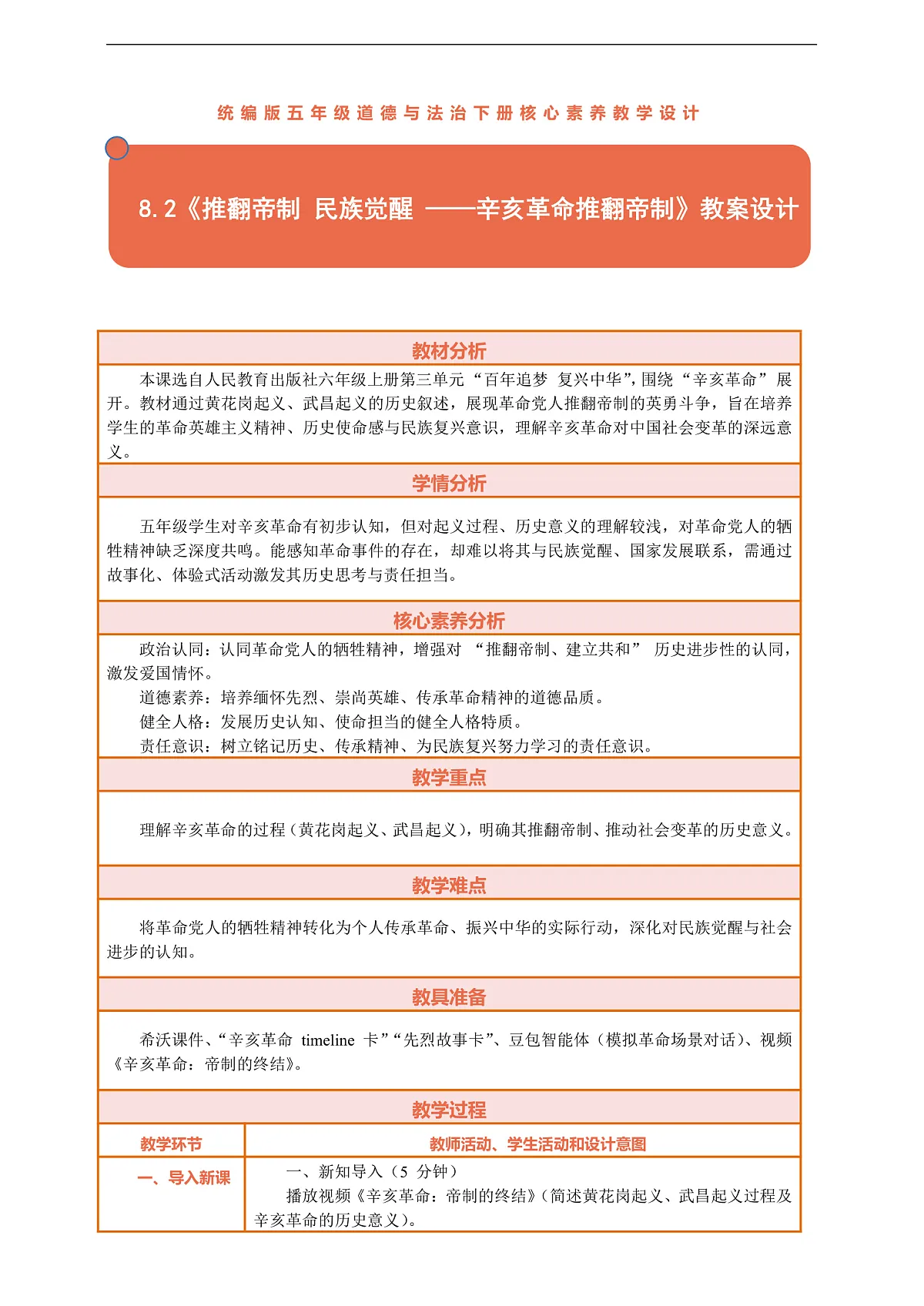 8.2《推翻帝制 民族觉醒 ——辛亥革命推翻帝制》教案设计第1页