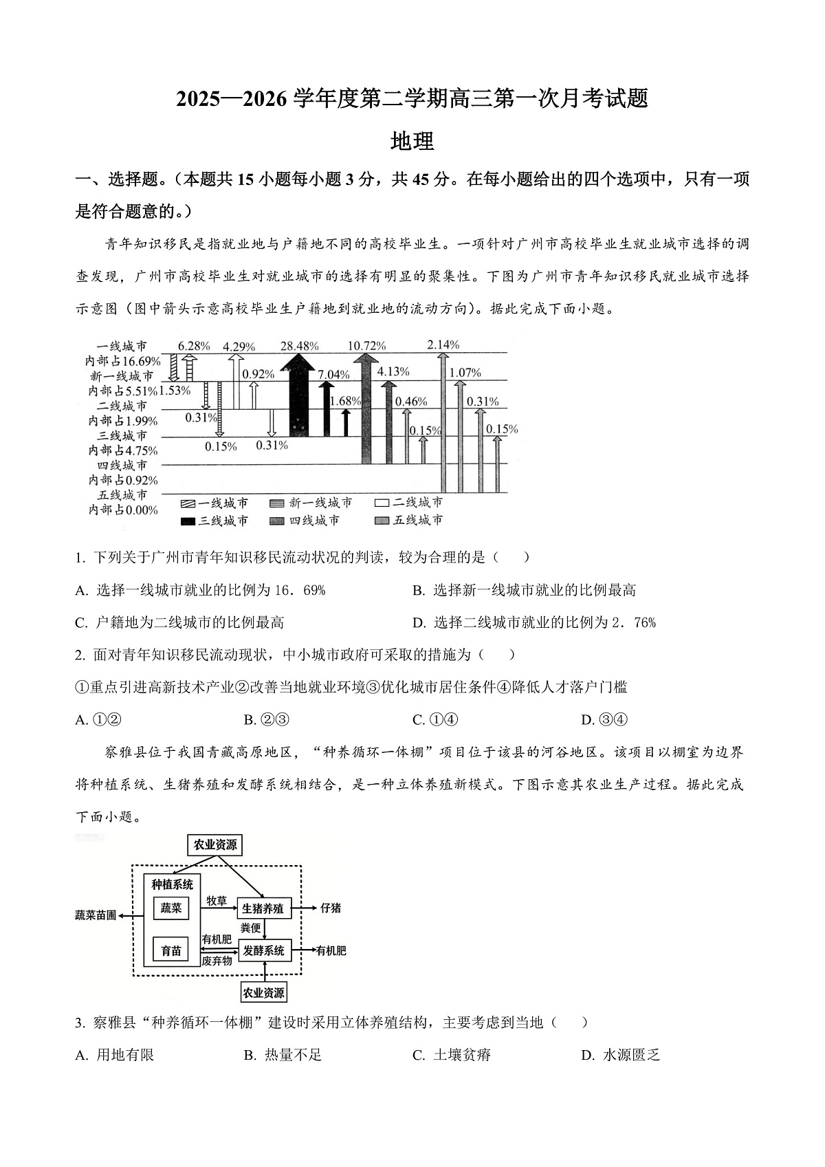 海南省文昌中学2026届高三下学期第一次月考地理试题（原卷版）第1页