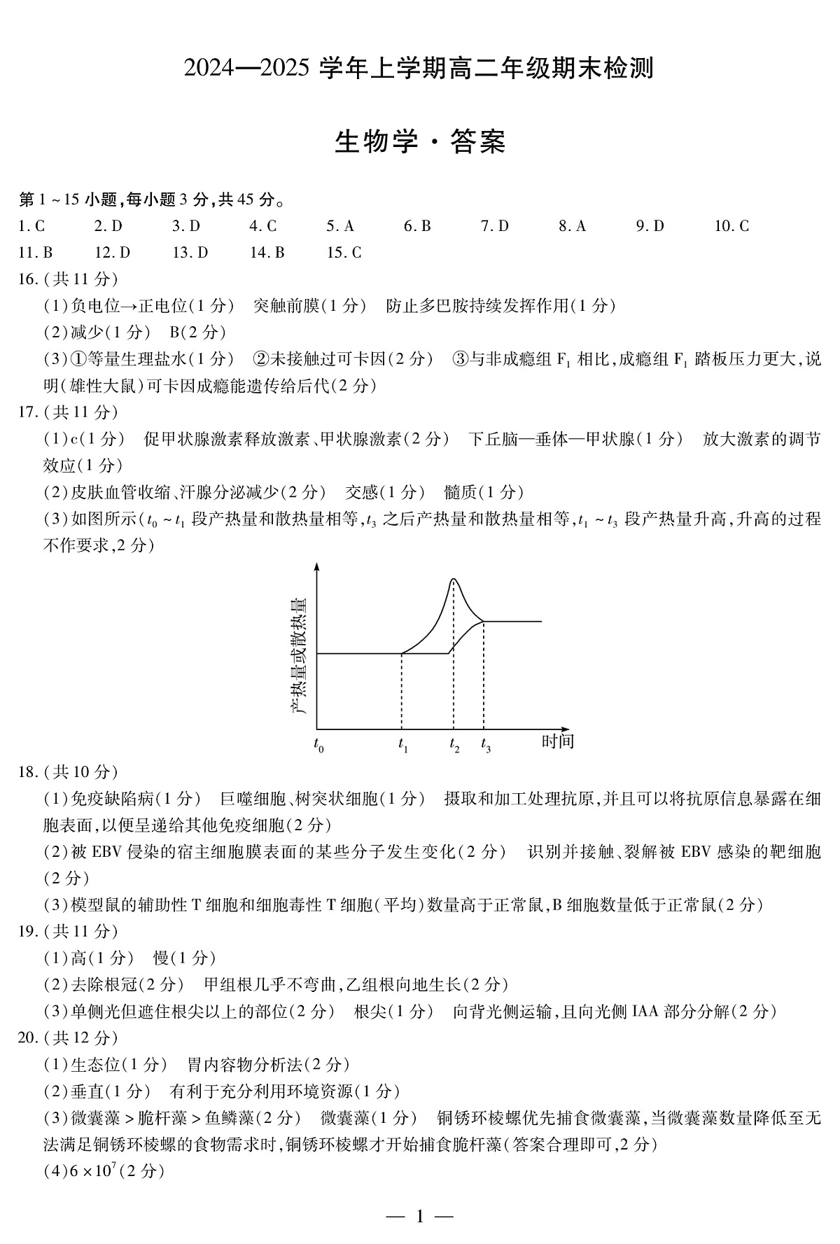 安徽省2024-2025学年高二上学期期末检测生物答案（PDF版）第1页