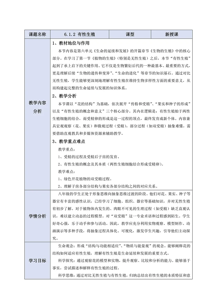 【核心素养】6.1.2 有性生殖 教学设计第1页