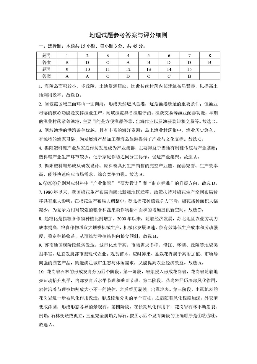 2026年全市高三（3月）模拟考试 地理答案第1页