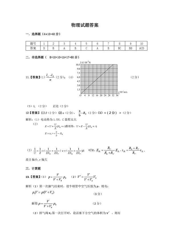 恩施州2026届高三第二次质量监测考试 物理答案第1页