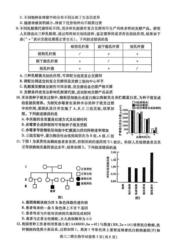 内江市高中2026届第二次模拟考试题 生物第3页
