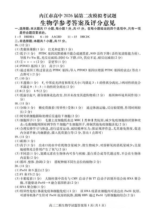 内江市高中2026届第二次模拟考试题 生物答案第1页