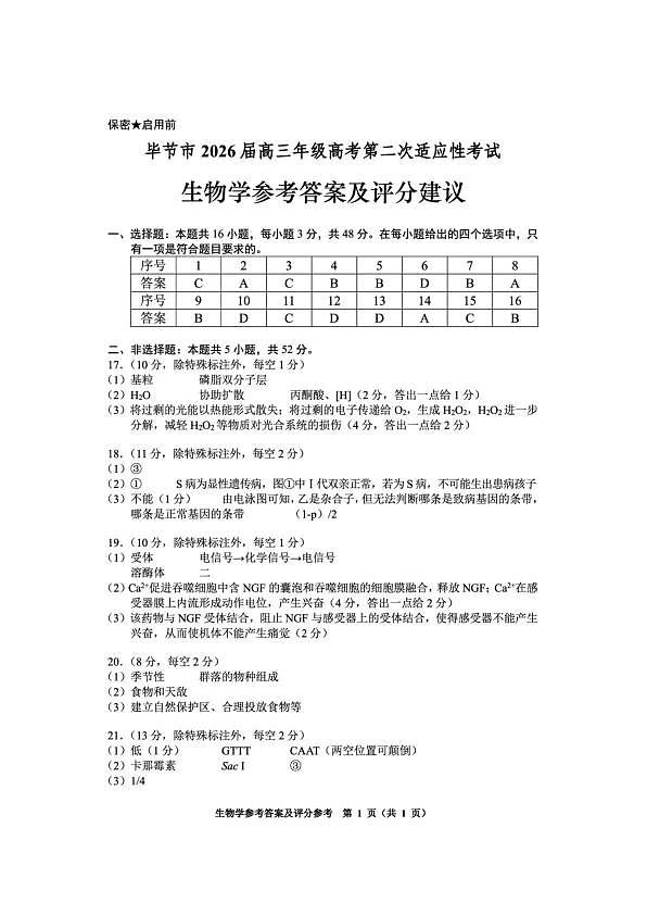 毕节市2026届高三年级高考第二次适应性考试 生物答案第1页