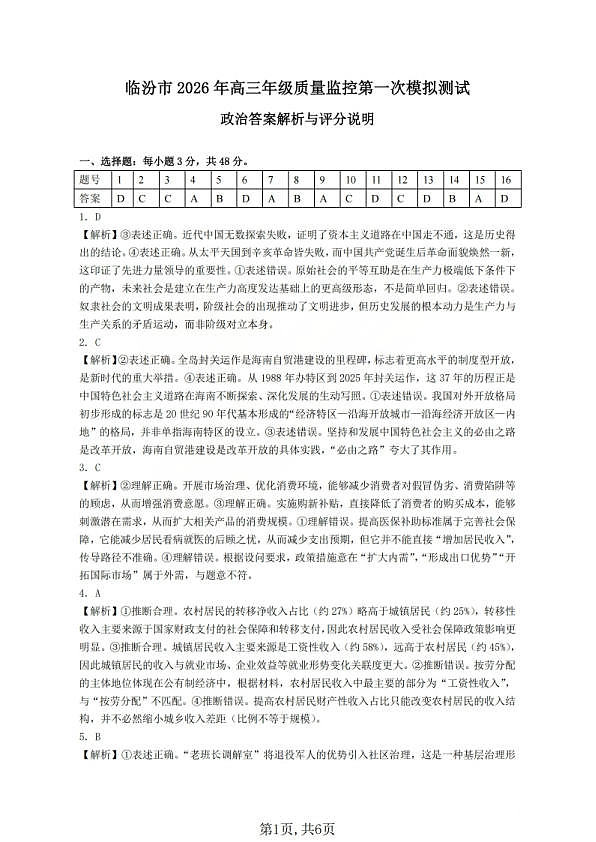 政治答案_临汾2026年高三年级质量监控第一次模拟试题及答案第1页