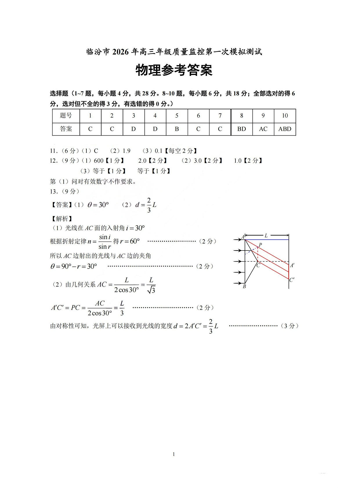 物理答案-山西省临汾市2026年高三年级质量监控第一次模拟测试（临汾一模）第1页