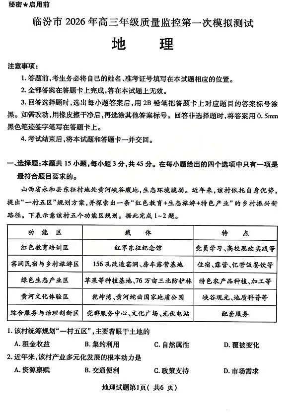 地理试题_临汾2026年高三年级质量监控第一次模拟试题及答案第1页