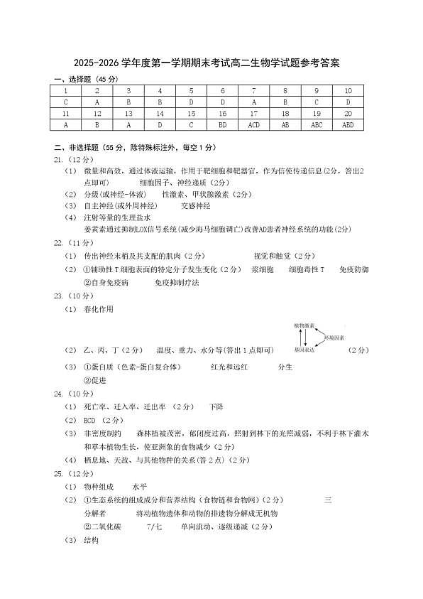 吉林油田高级中学2025-2026学年高二上学期期末生物答案（图片版） 第1页