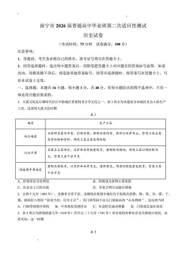 南宁市2026届普通高中毕业班第二次适应性测试 历史第1页