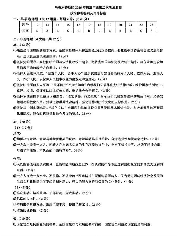 乌鲁木齐地区2026年高三年级第二次质量监测 文综答案第1页