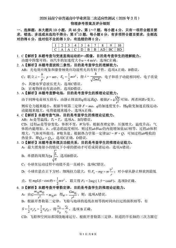 南宁市2026届普通高中毕业班第二次适应性测试 物理答案第1页