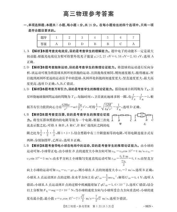 河南省部分学校2026届3月联考3.26物理答案第1页