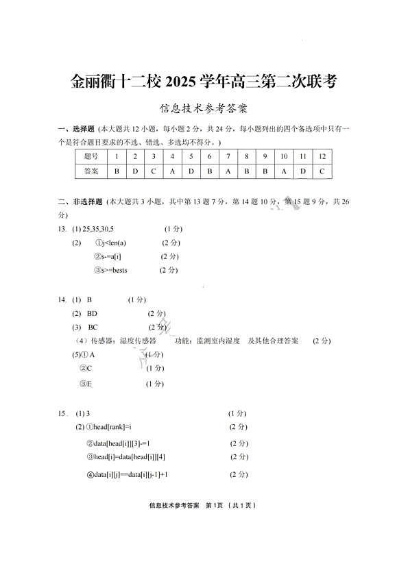 技术答案-金丽衢十二校2025学年高三第二次联考第1页
