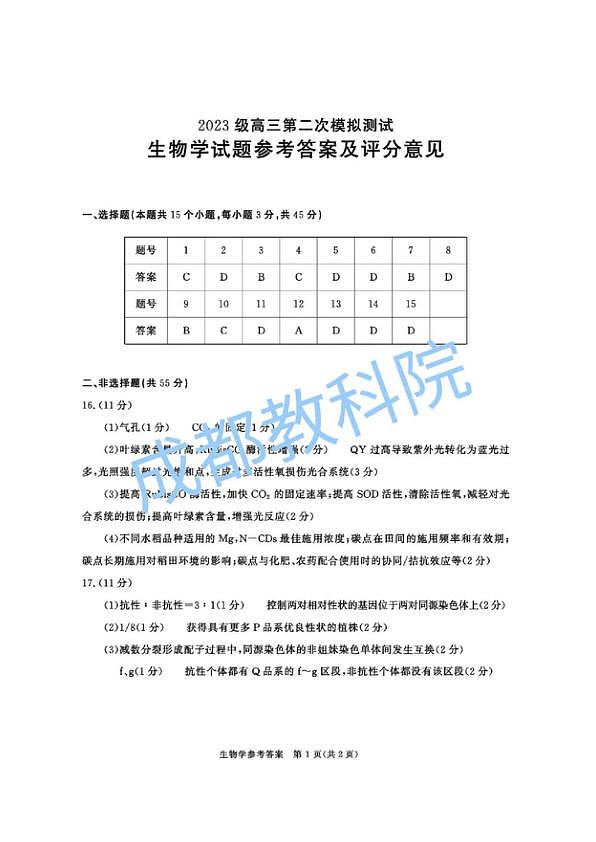 四川省成都市2023级高三第二次模拟测试 生物答案第1页