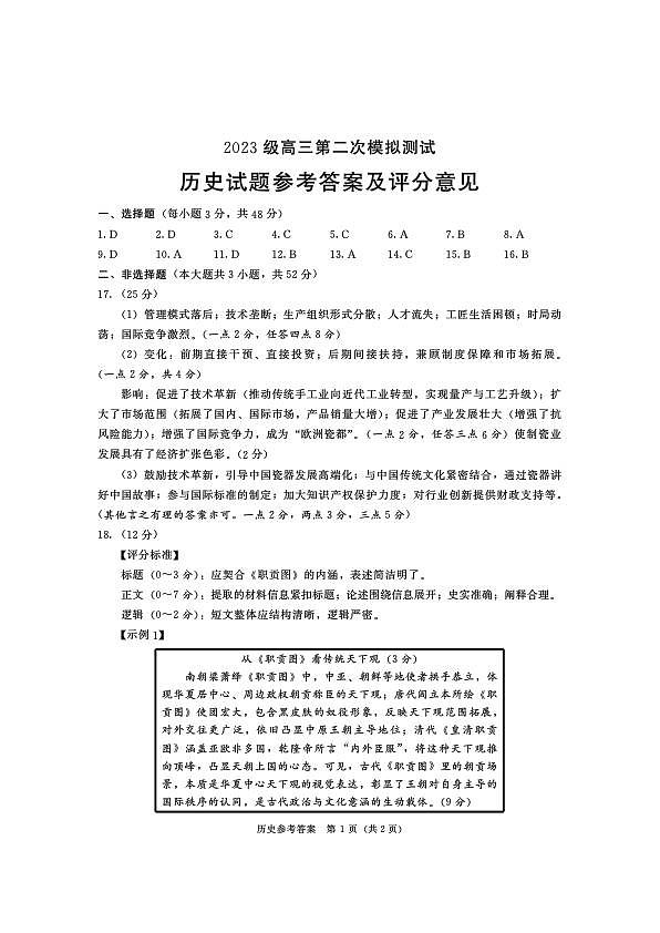 四川省成都市2023级高三第二次模拟测试 历史答案第1页