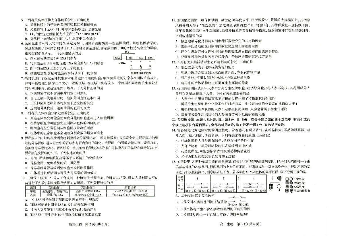 2026届石家庄市普通高中学校毕业年级教学质量检测（一）生物第2页