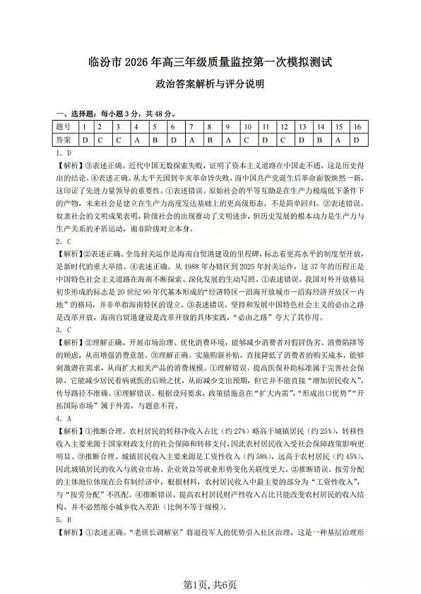临汾市2026年高三年级质量监控第一次模拟测试 政治答案第1页