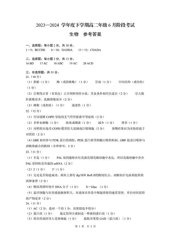 （沈阳）2023—2024 学年度下学期高二年级6月阶段考试-生物-参考答案第1页