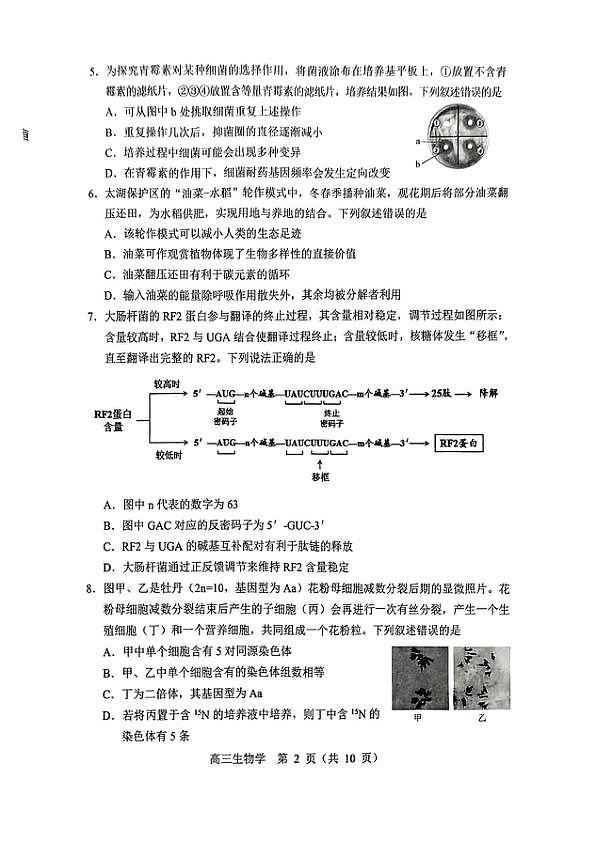 沈阳一模生物试卷第2页