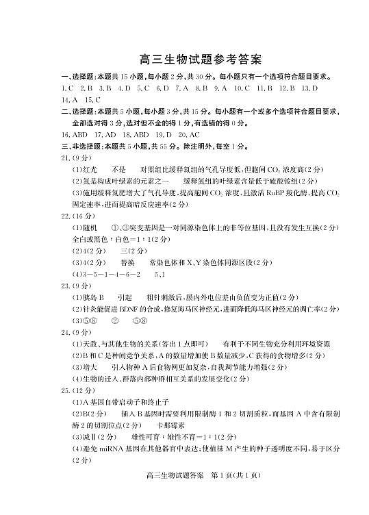 山东省（烟台市、德州市）2025届高三高考适应性测试生物答案第1页