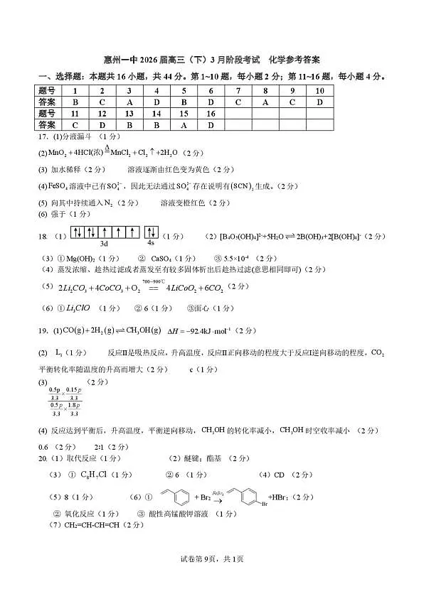 惠州一中2026届高三下学期3月阶段考试化学答案第1页