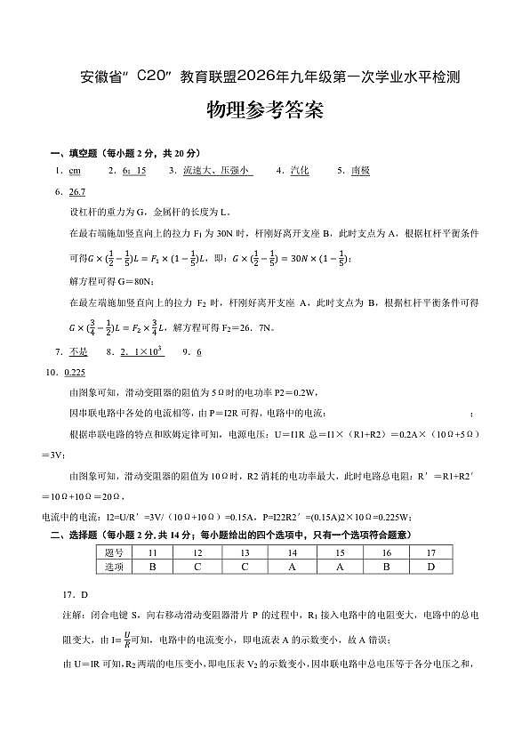 “C20”教育联盟2026年九年级学业水平检测物理参考答案第1页