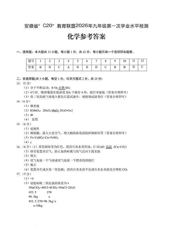 “C20”教育联盟2026年九年级学业水平检测化学参考答案第1页