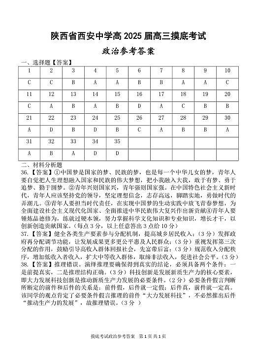 陕西省西安中学高2025届高三摸底考试政治答案第1页