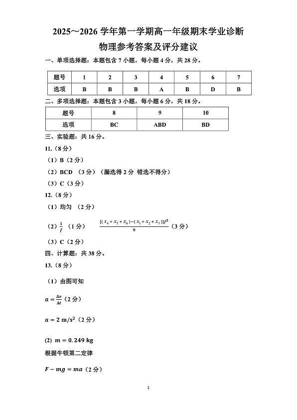 高一物理答案第1页