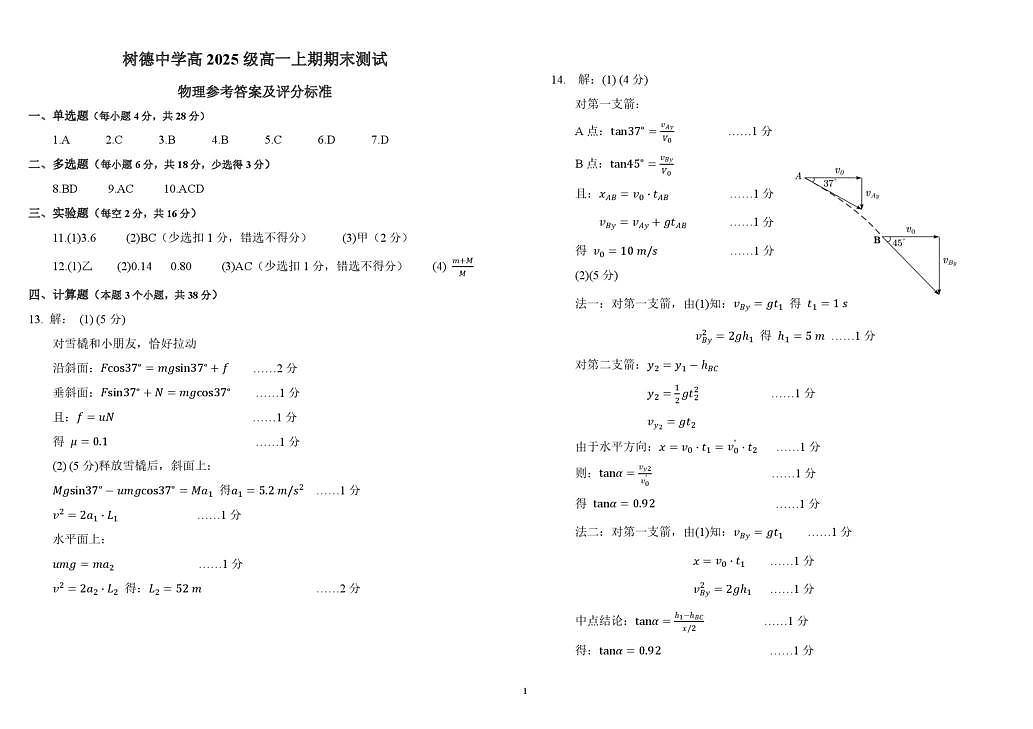 四川省成都市树德中学2025-2026学年高一上学期期末考试  物理  PDF版含答案（可编辑） 高一物理答案第1页