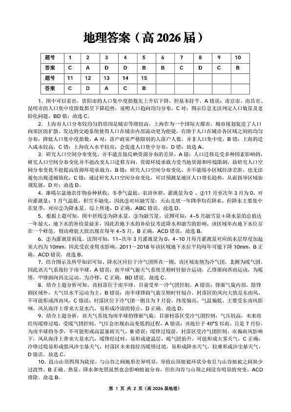重庆名校联盟2026届高三下学期第一次联考 地理答案第1页