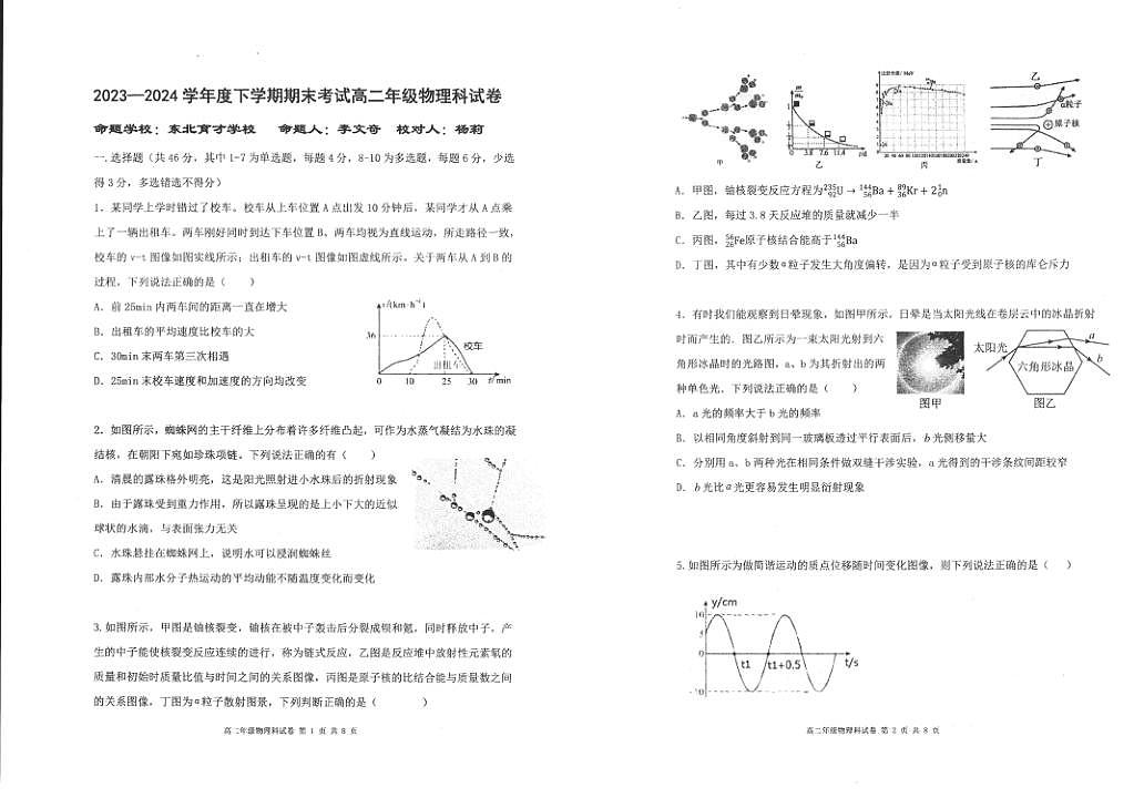 辽宁省实验中学联考2023-2024学年度下学期高二期末物理试卷第1页