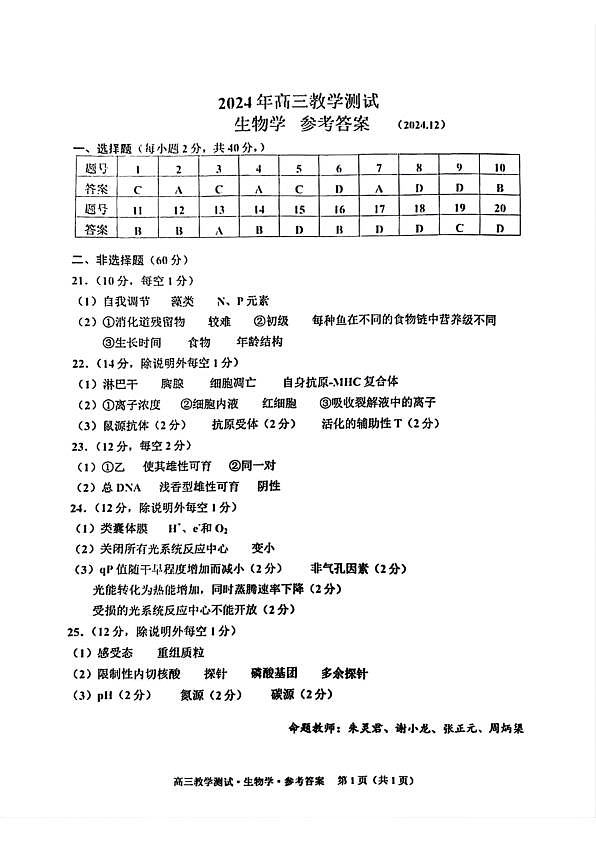 浙江省2025届高三嘉兴一模生物答案第1页