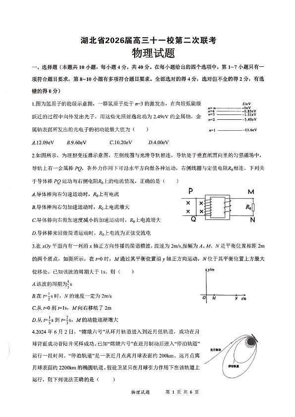 湖北省2026届高三十一校第二次联考 物理第1页