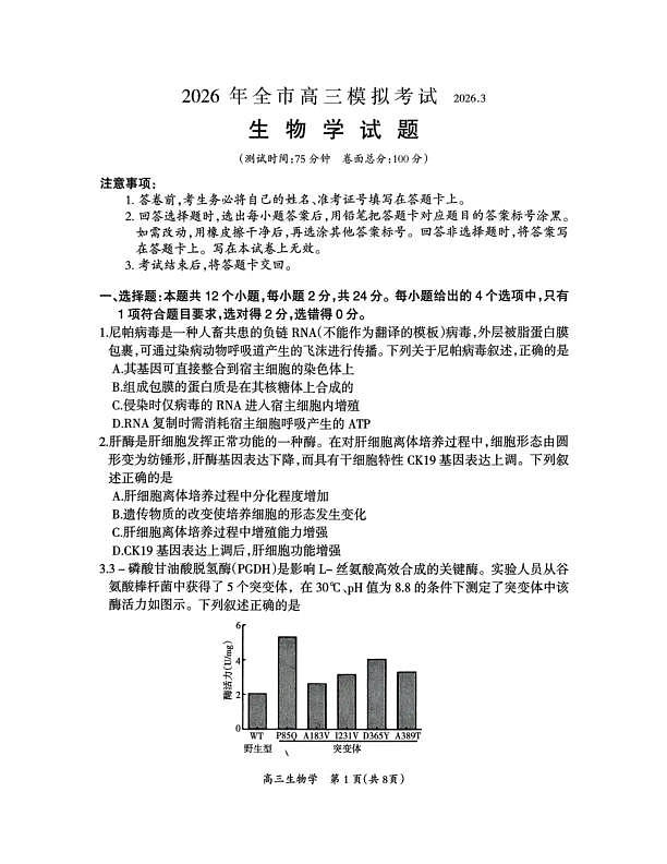 2026年全市高三模拟考试 生物第1页