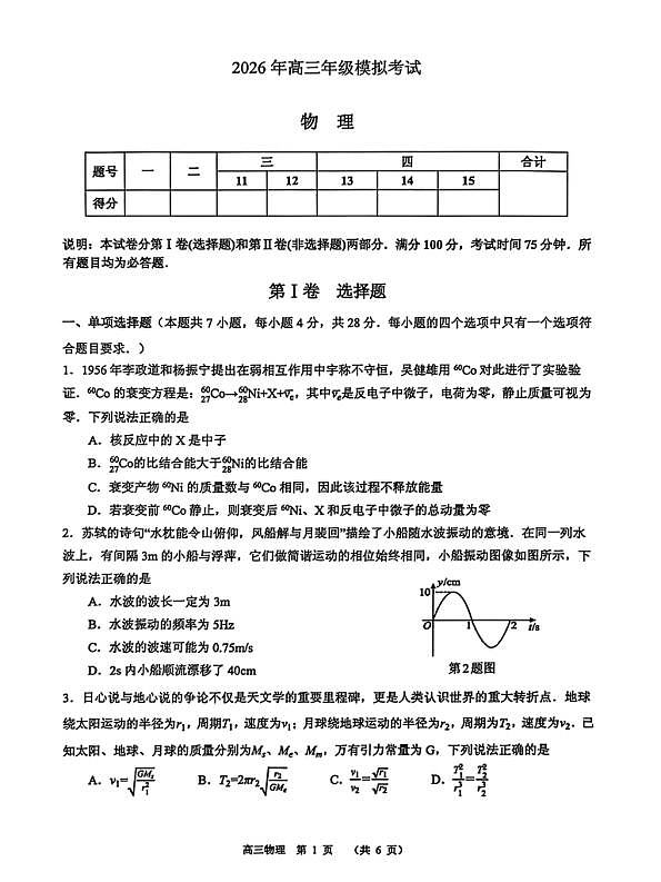 东莞市2026年高三年级模拟考试 物理第1页