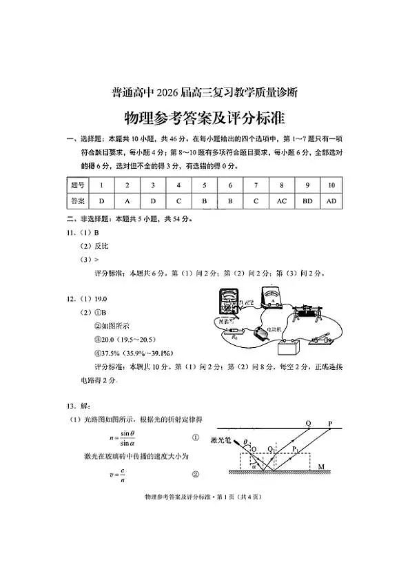 2026届昆明高三市统测（二）物理答案第1页
