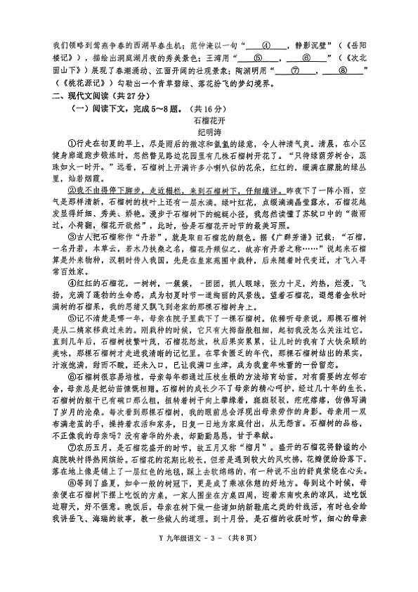 2026年河南省驻马店市泌阳县中考一模语文试题第3页