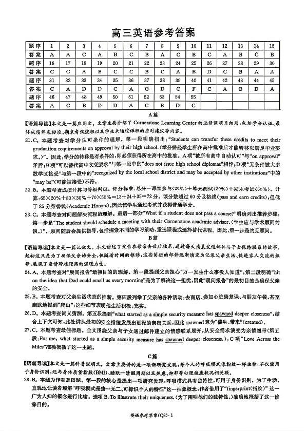 英语试题卷答案 湖南省长沙市长沙市一中2026届高三年级月考试卷(八)第1页