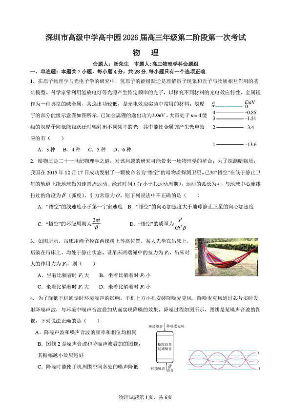 深圳高级中学高中园高三下学期第二阶段第一次考试物理试题第1页