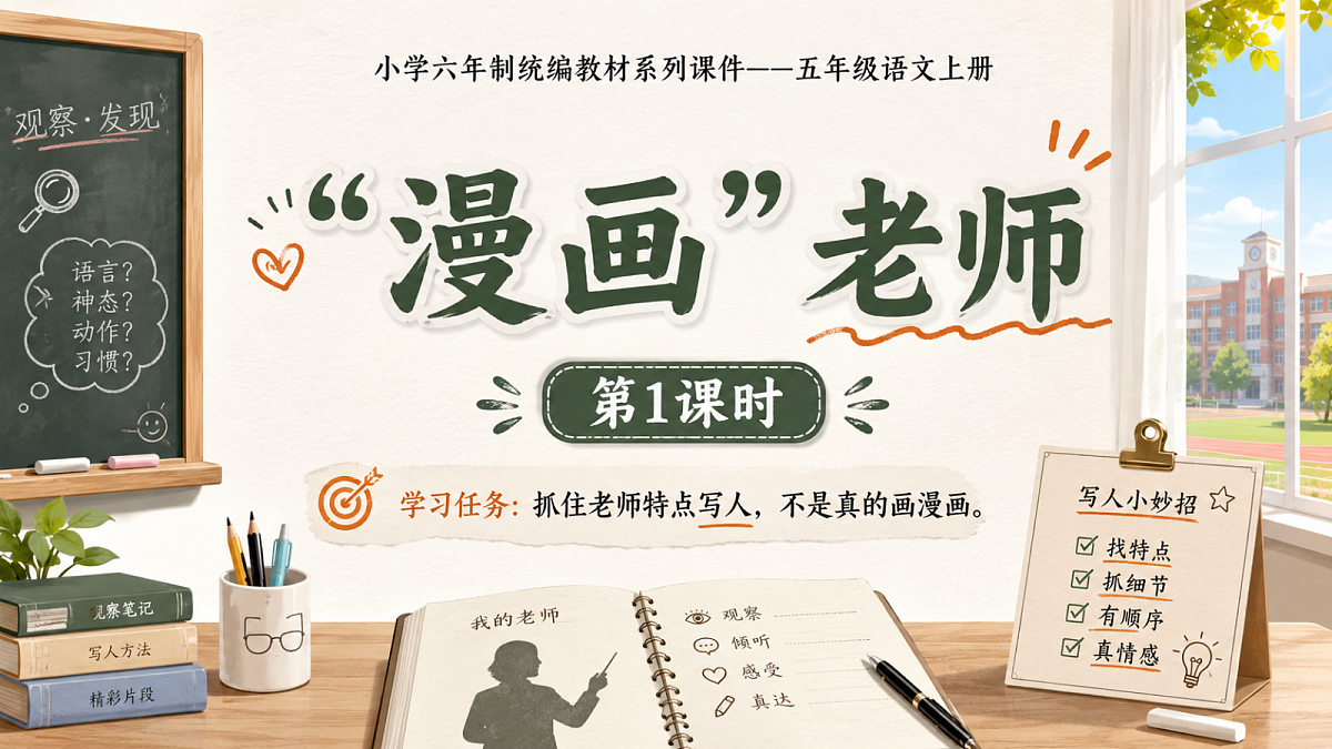 小学六年制统编教材系列课件——五年级语文上册：习作：“漫画”老师（1）第1页