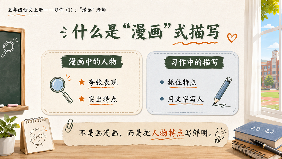 小学六年制统编教材系列课件——五年级语文上册：习作：“漫画”老师（1）第2页