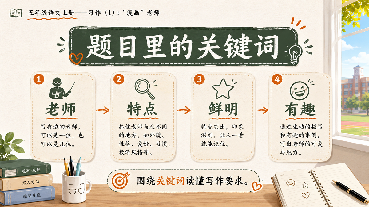 小学六年制统编教材系列课件——五年级语文上册：习作：“漫画”老师（1）第4页