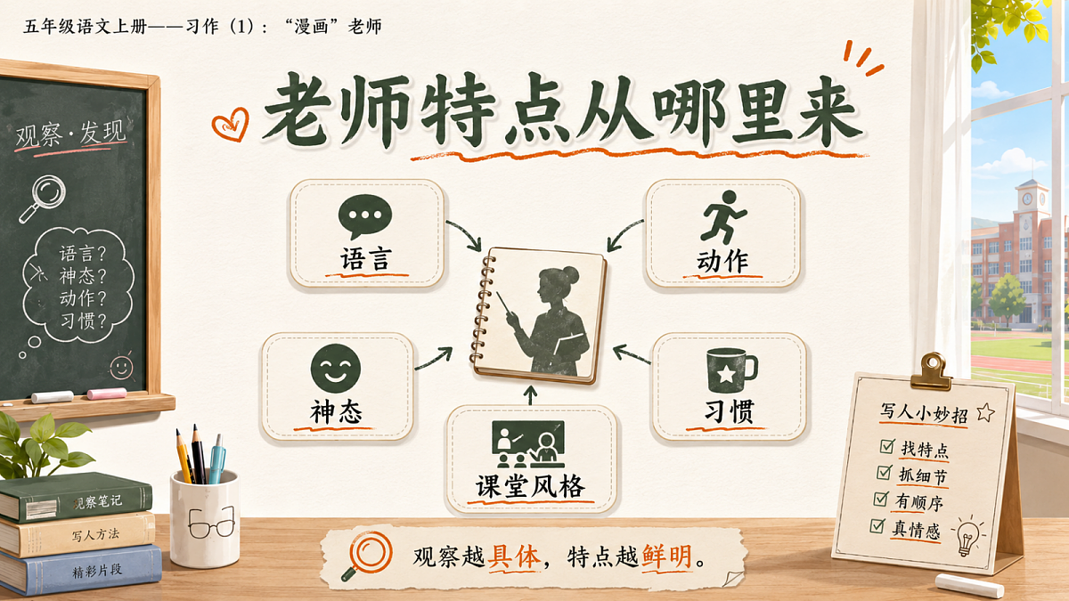 小学六年制统编教材系列课件——五年级语文上册：习作：“漫画”老师（1）第6页