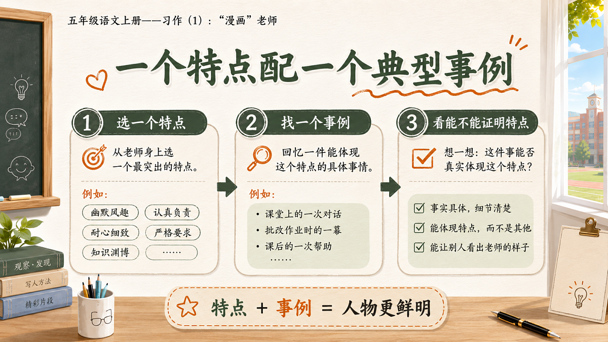 小学六年制统编教材系列课件——五年级语文上册：习作：“漫画”老师（1）第8页