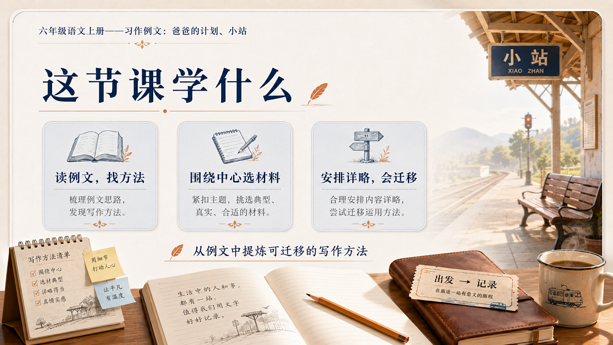 小学六年制统编教材系列课件——六年级语文上册：习作例文：爸爸的计划、小站第2页