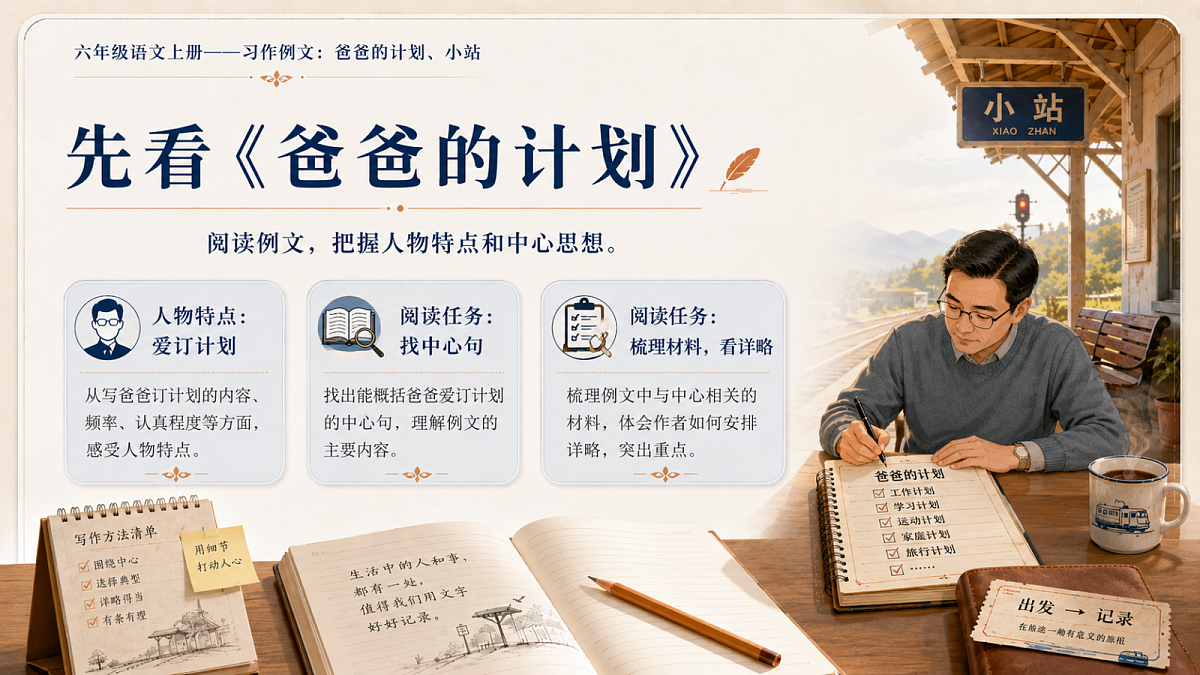 小学六年制统编教材系列课件——六年级语文上册：习作例文：爸爸的计划、小站第4页